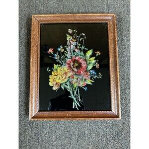 Vintage Foil Tinfoil Art Picture Flowers Floral Framed